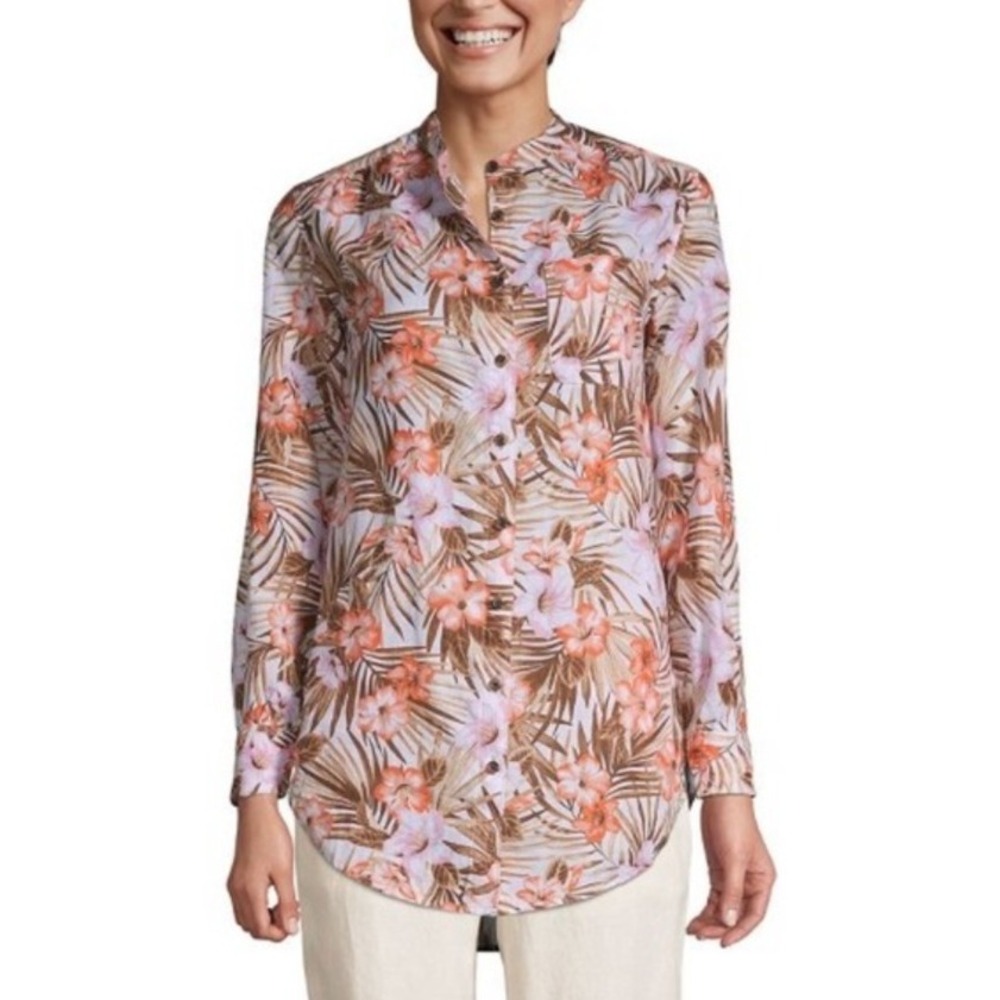 Lands' End Button-Up Tunic Womens L Petite 14-16 White Floral Linen Relaxed